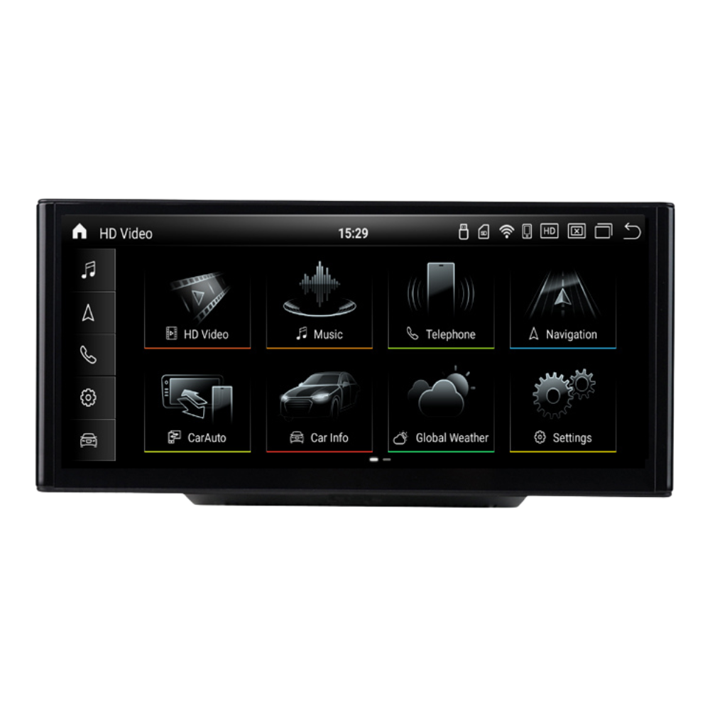 Audi A1 Android multimedia screen with Apple Carplay and Android Auto function. Product color is black.