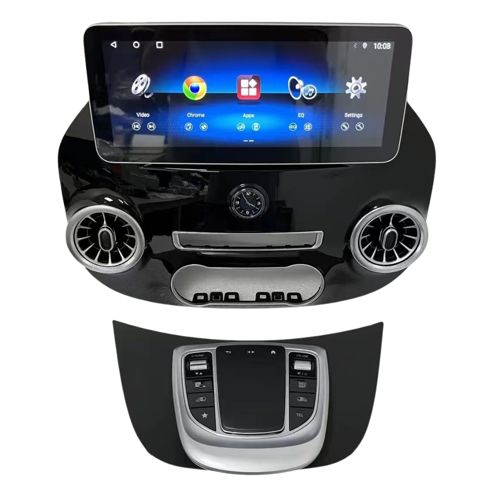 Mercedes Vito W447 Android 13 multimedia display. Includes trim and air vents.