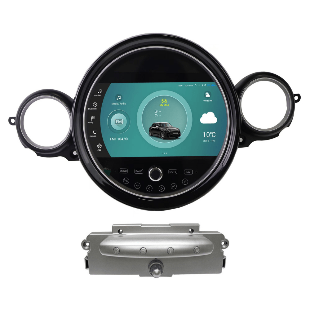 Mini Cooper Android Multimedia - GPS, Navigation. Built in Apple Carplay and Android Auto. The set includes a black multimedia screen and a silver-coloured controller.