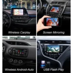 Toyota car dashboards showcasing Wireless CarPlay, screen mirroring, Android Auto, and USB flash play integration.