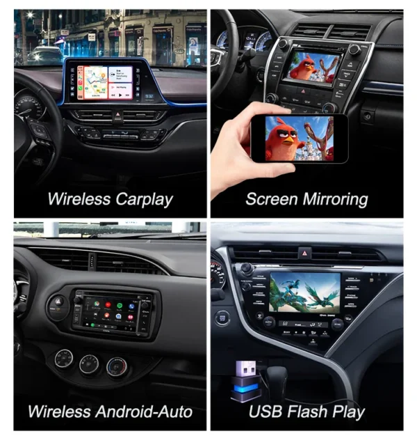 Toyota car dashboards showcasing Wireless CarPlay, screen mirroring, Android Auto, and USB flash play integration.