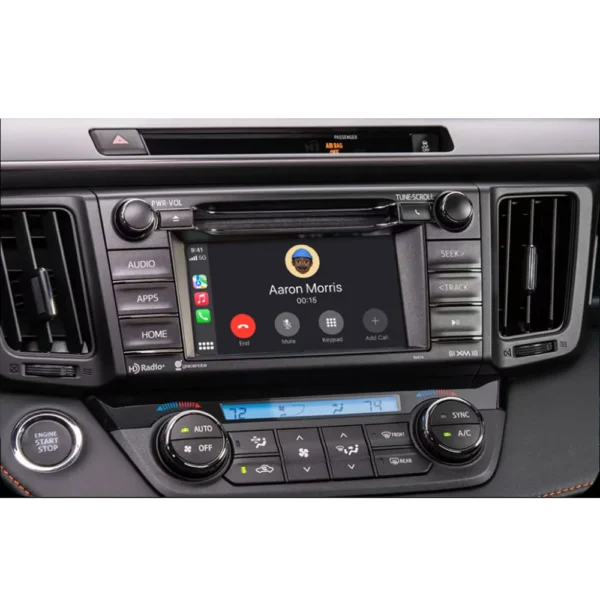 Toyota RAV4 dashboard featuring Apple CarPlay/Android Auto integration, displaying a phone call interface.