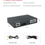 Toyota CarPlay Android Auto integration module showing dimensions and included USB video and power cables.