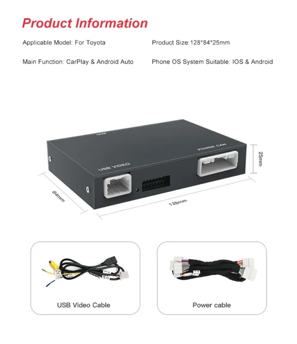 Toyota CarPlay Android Auto integration module showing dimensions and included USB video and power cables.